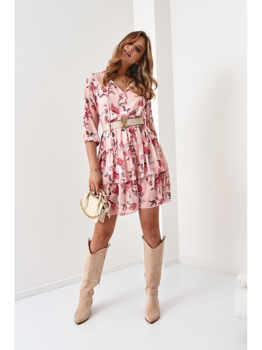 Floral dress with a tied neckline, powder 21990 - Online store - Boutique